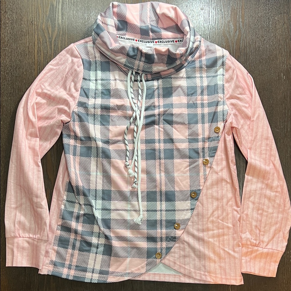 Plaid Pink and Gray Cowl Neck Sweater